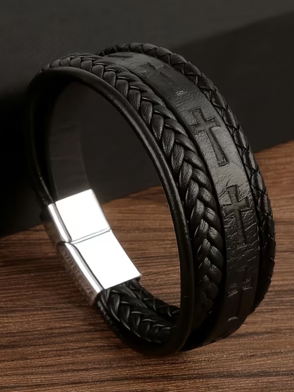 Black Braided Leather Cross Bracelet for Men magnetic closure nwt